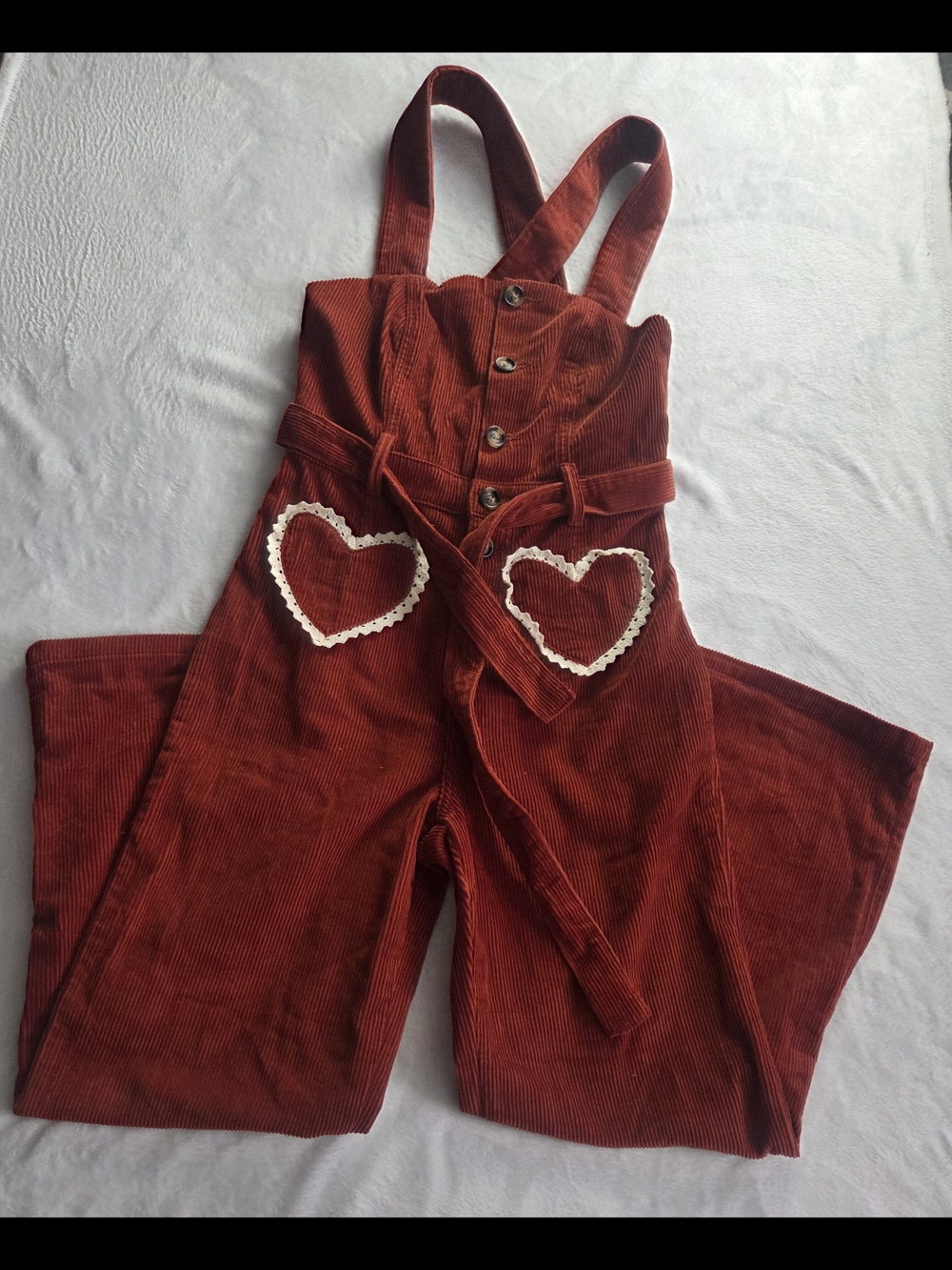 Rachel Antonoff Rust Corduroy Overalls with Heart Trim